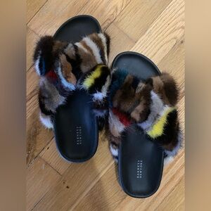 Barneys New York Mink Fur Trim Slides Sandals 37 7 Leather Slippers